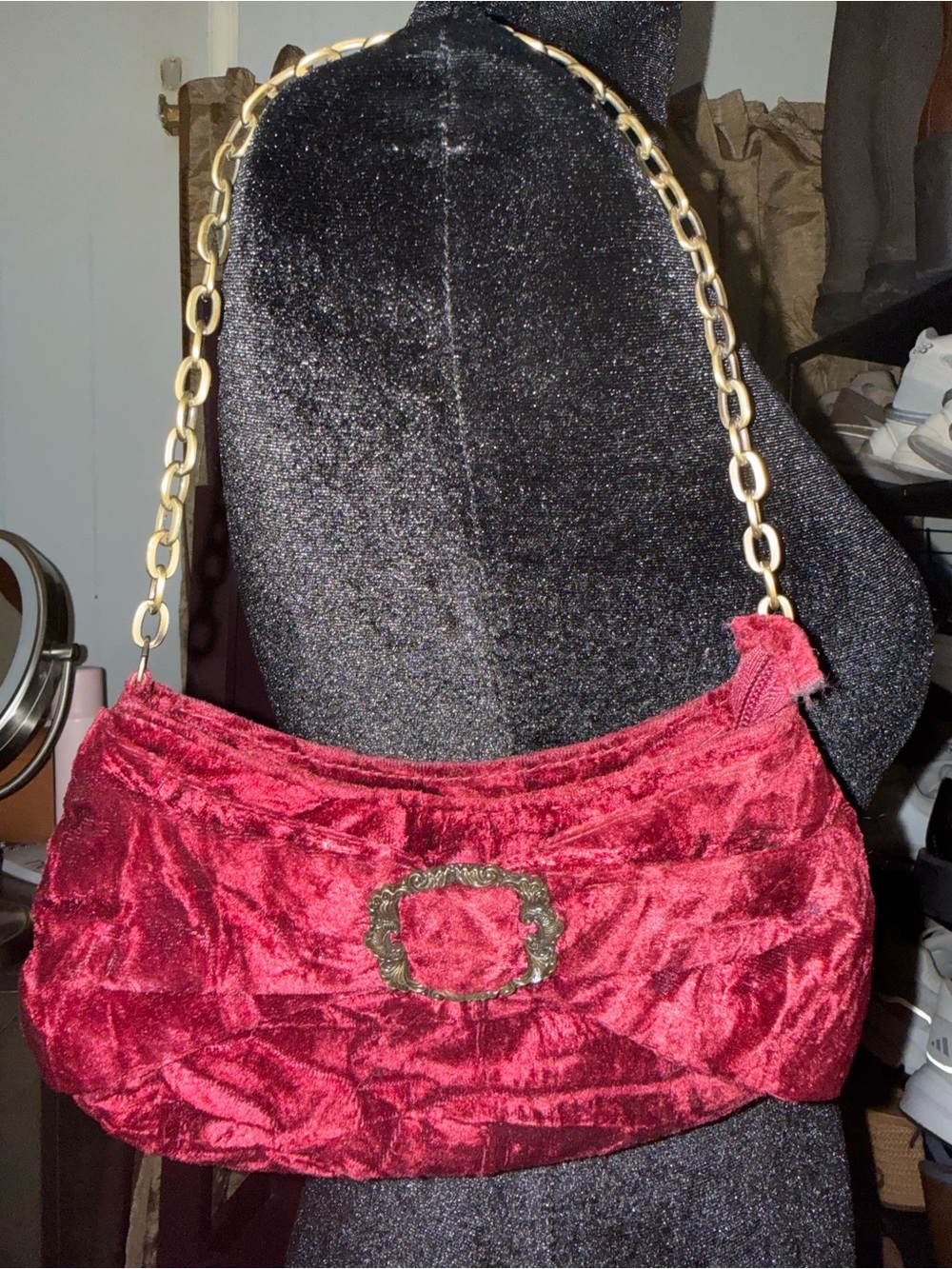 Small Women's Burgundy Velvet Shoulder Bag with Gold Chain
